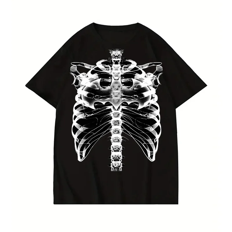

2025 new summer outdoor sports loose fitting unisex dark skeleton hip-hop street dance printed washed top T-shirt