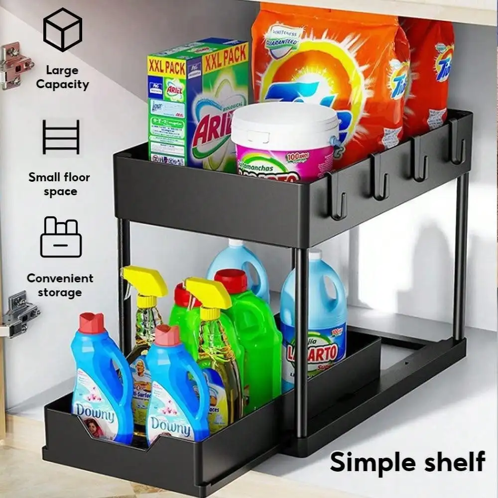 2 Double-Deck Extractable Sliding Cabinet Basket Organizer,  Multi-Purpose with 5 Hooks for Bathroom Kitchen Essential Racks