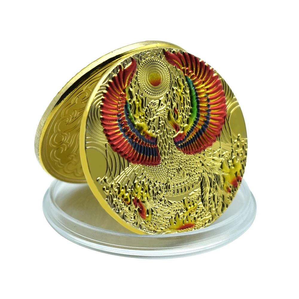 Golden Phoenix Retro Round Commemorative Coin with Plastic Case Holiady Gift Original New Commemorative Coins