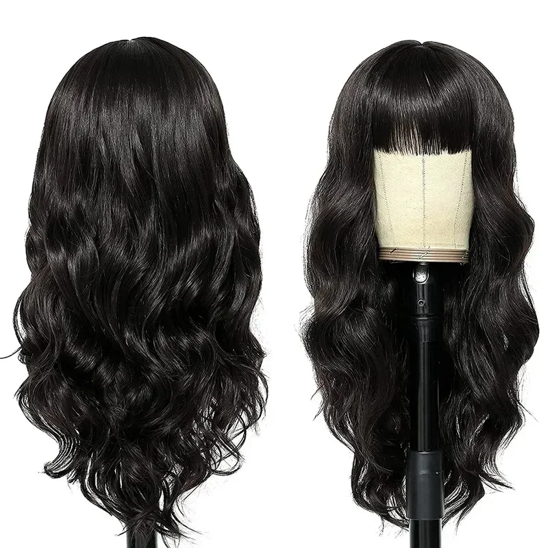 

FC6SuQ Synthetic Women Long Wavy Wig with Bangs Hair Natural Cosplay Black Party Heat Resistant Daily Fashion Wigs@FC8！