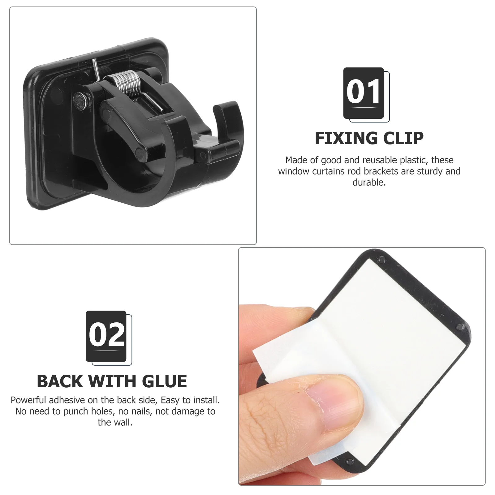 

6pcs Hanging Rod Clips Plastic Reusable Sturdy Adhesive Back Powerful Self Stick Brackets for Wall Shower Curtain Pole Suitable