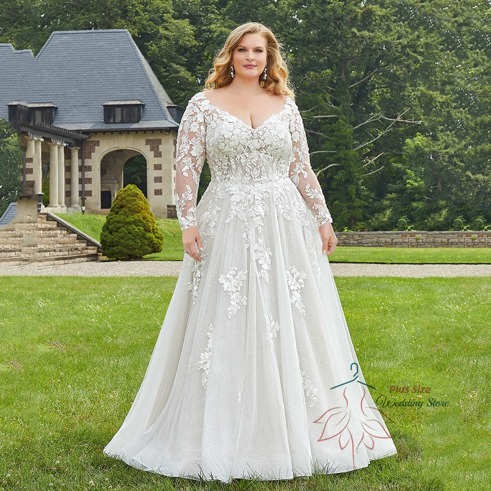 

Pastoral Wedding Dresses Plus Size For Bride V-Neck Long Sleeves Bride Gowns Lace Applique A-Line Sweep Train Robe De Mariée