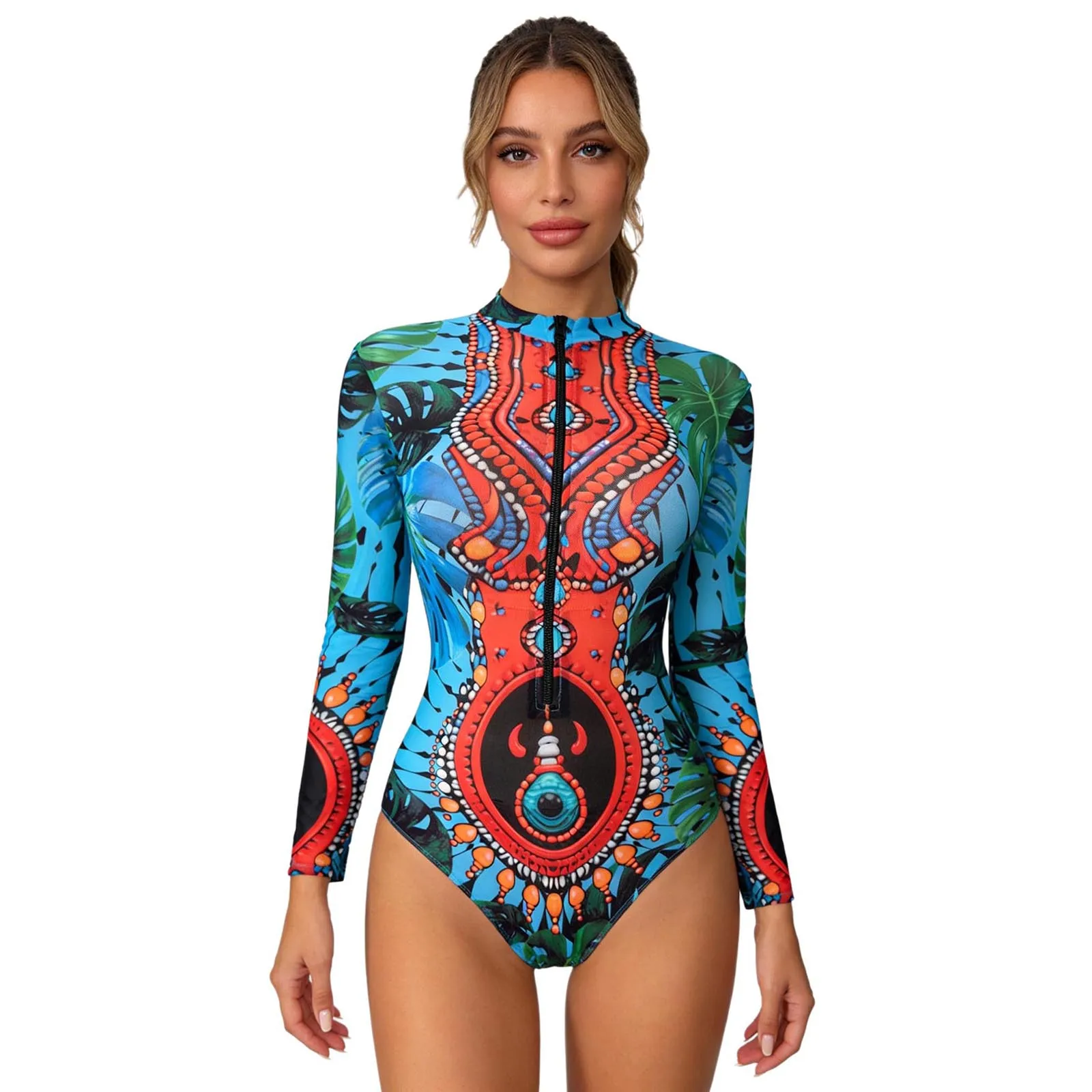

Женский слитный купальник с длинным рукавом, воротником-стойкой и молнией, с принтом, для серфинга и пляжа, модель 2026 года