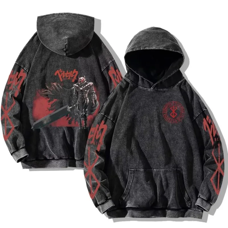 Harajuku Anime Berserk Guts Print Hooded Men Women Vintage Manga Hoodies Plus Size Streetwear Male Cotton Classic Sweatshirt