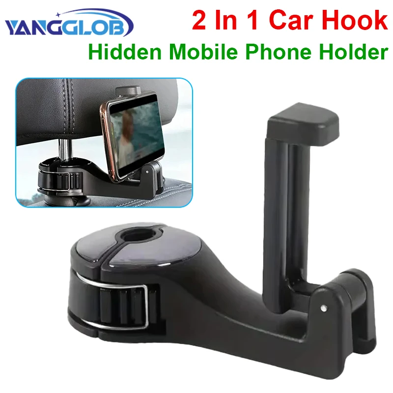 

Multifunctional 2 In 1 Car Hook Hidden Mobile Phone Holder Bracket Car Clip Rear Row Headrest Hook Lock Buckle Car Mount Stand
