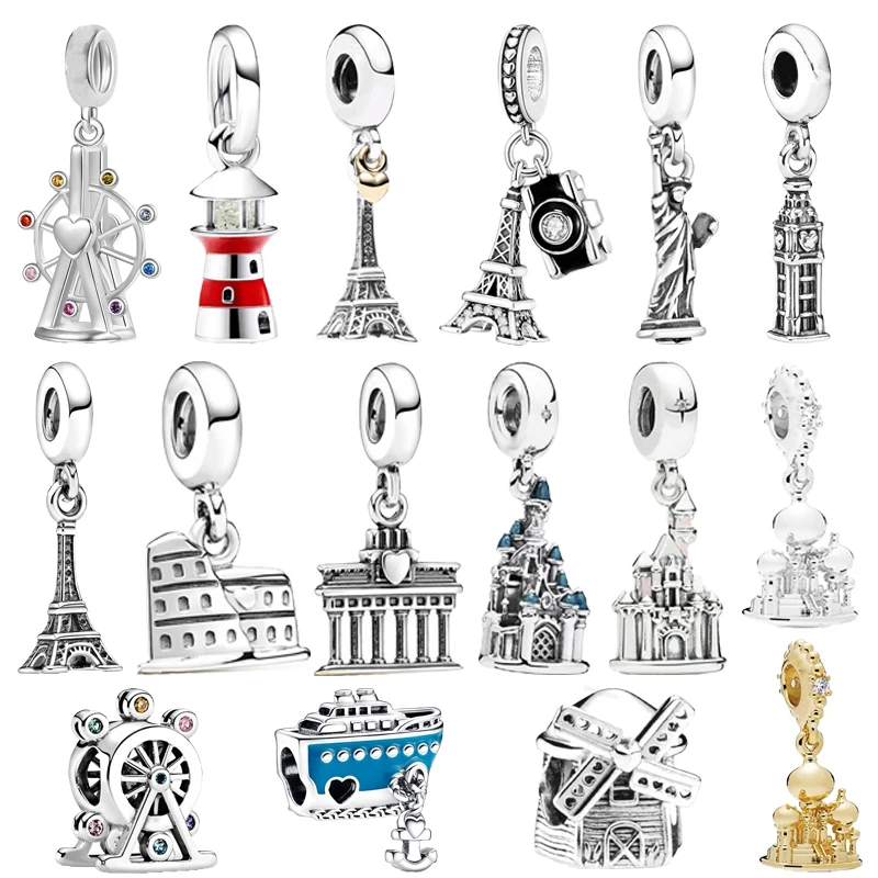 Lighthouse&Paris Eiffel Tower Pendant Anchored Cruise Ship Charm Beads Fit Original European 925 Silver Bracelet DIY Jewelry Gif