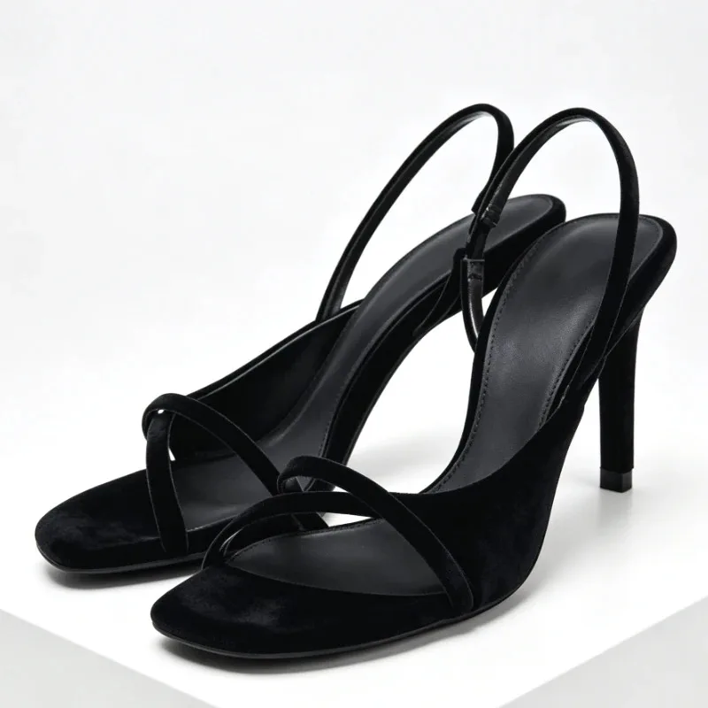 Sandalias de tacón de terciopelo con punta abierta para mujer, zapatos de tacón alto con correa trasera elegante, diseño de correa cruzada a la moda, zapatos de novia de diseñador de lujo