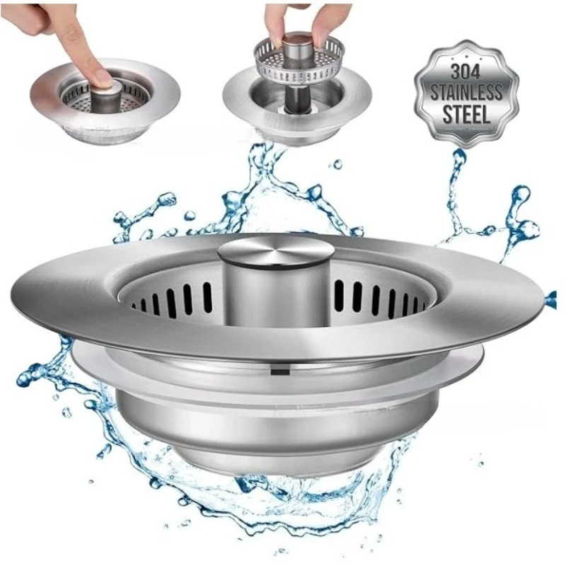 Stainless Steel 3-in-1 Kitchen Sink Strainer - Pop-Up Stopper with Anti-Clogging Basket and Odor Filter, Easy Clean Drain Strain