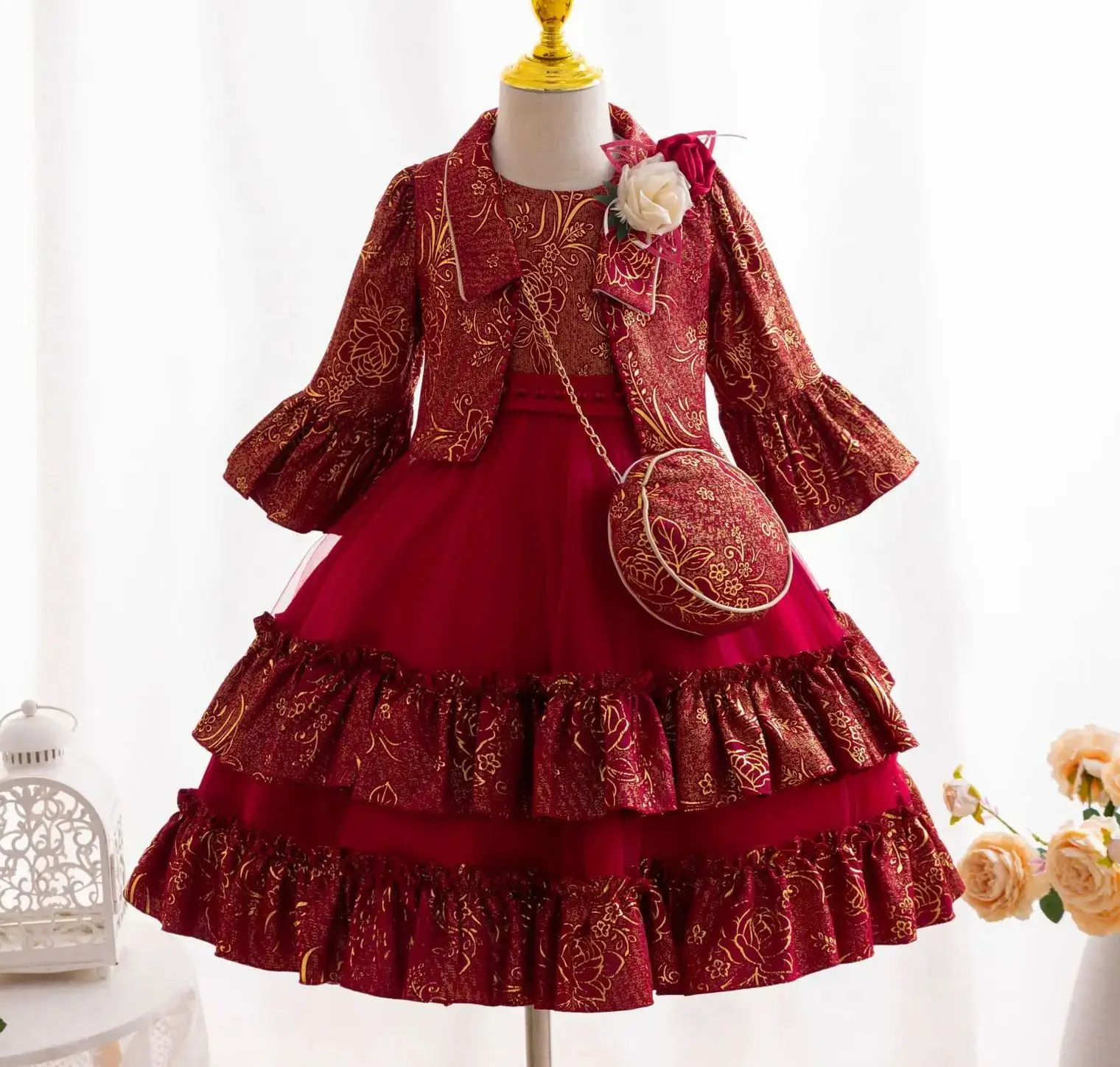 Nuevos vestidos de ceremonia para niñas, vestido de fiesta para niñas, conjunto de 3 uds de Año Nuevo, ropa verde de manga larga para niños con bolso elegante de 3 a 8 años