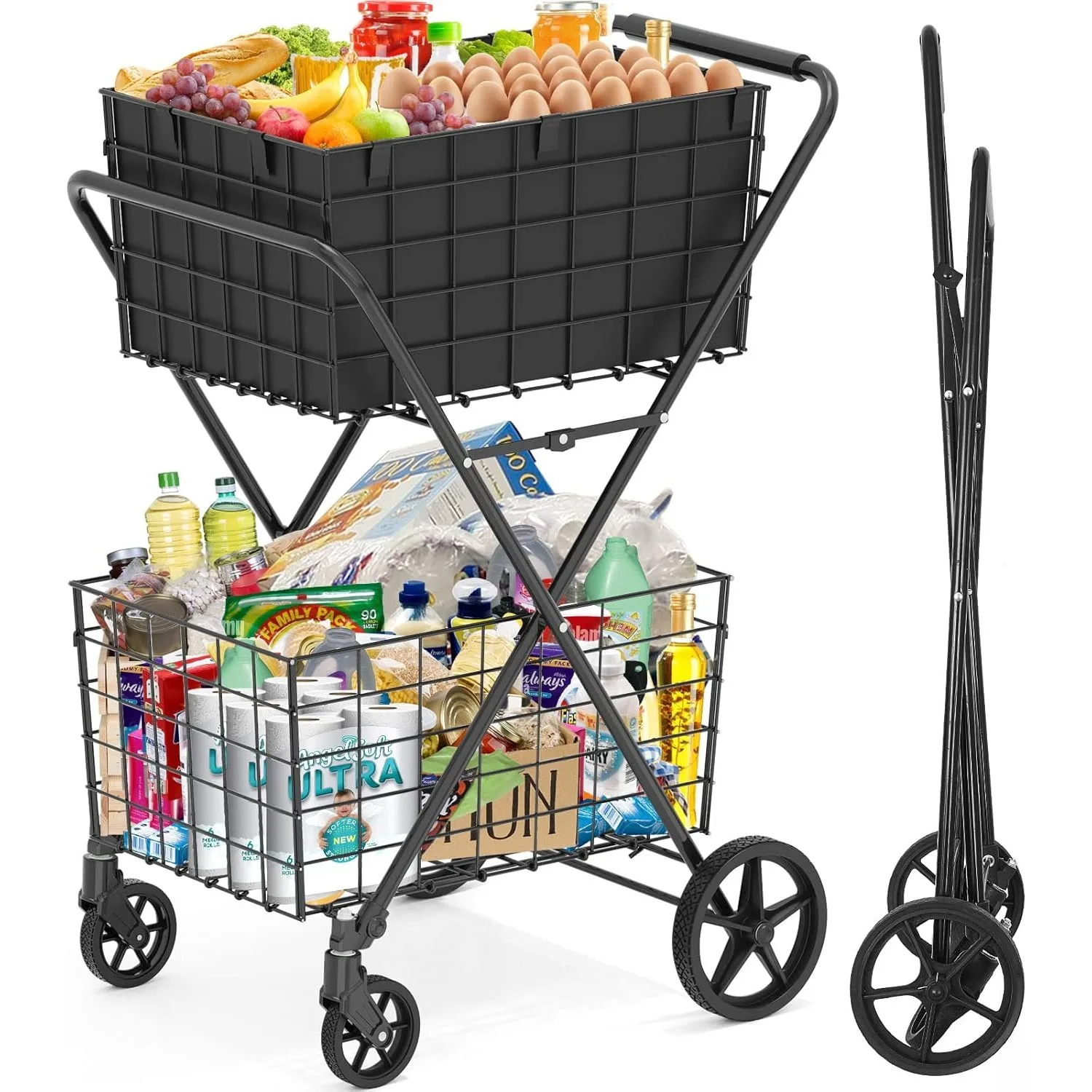 

2-Tier Extra Large Collapsible Grocery Cart On Wheels, 400lbs Shopping Cart For Groceries With 2 Removable Baskets ﻿