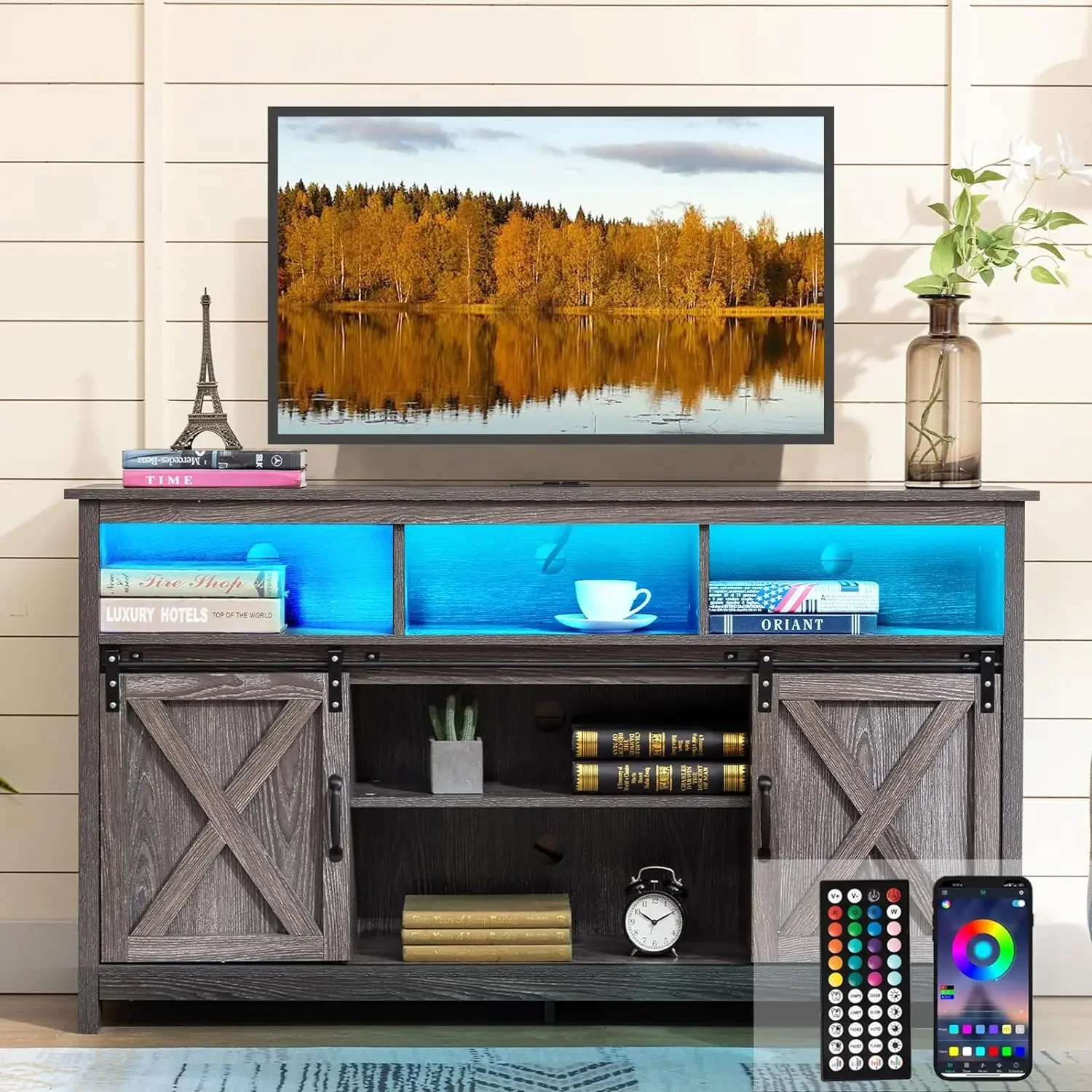 57In Wooden Farmhouse Entertainment Center for 60/65 inch TV, Double Layer Storage Farmhouse TV Stand, Double-Row Sockets