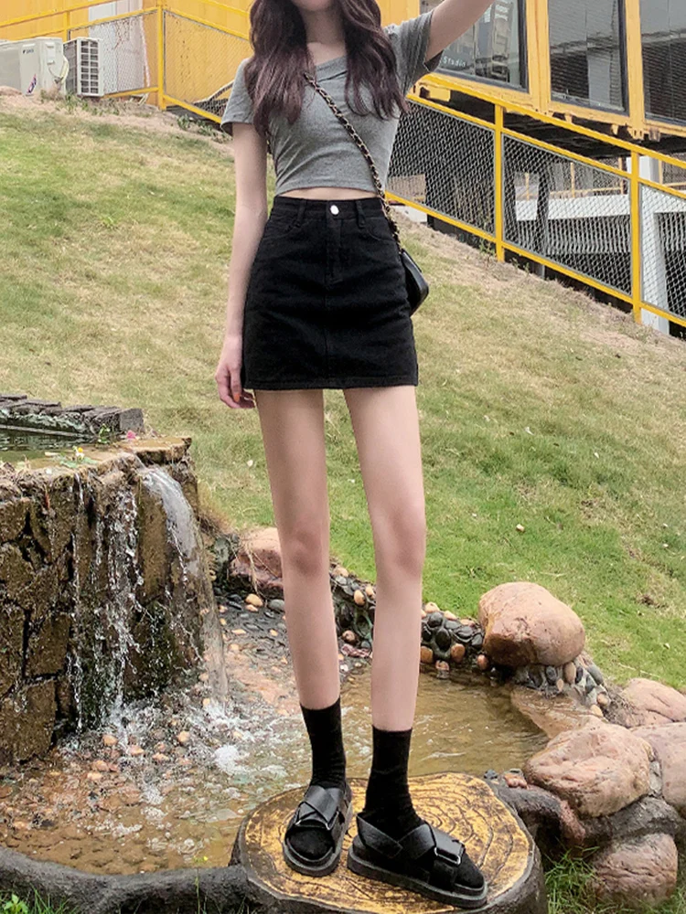 Black High Waist A-Line  Denim Skirt for Women Summer Spicy Short Skirt Cotton Polyester Blend No Brand Commute Style