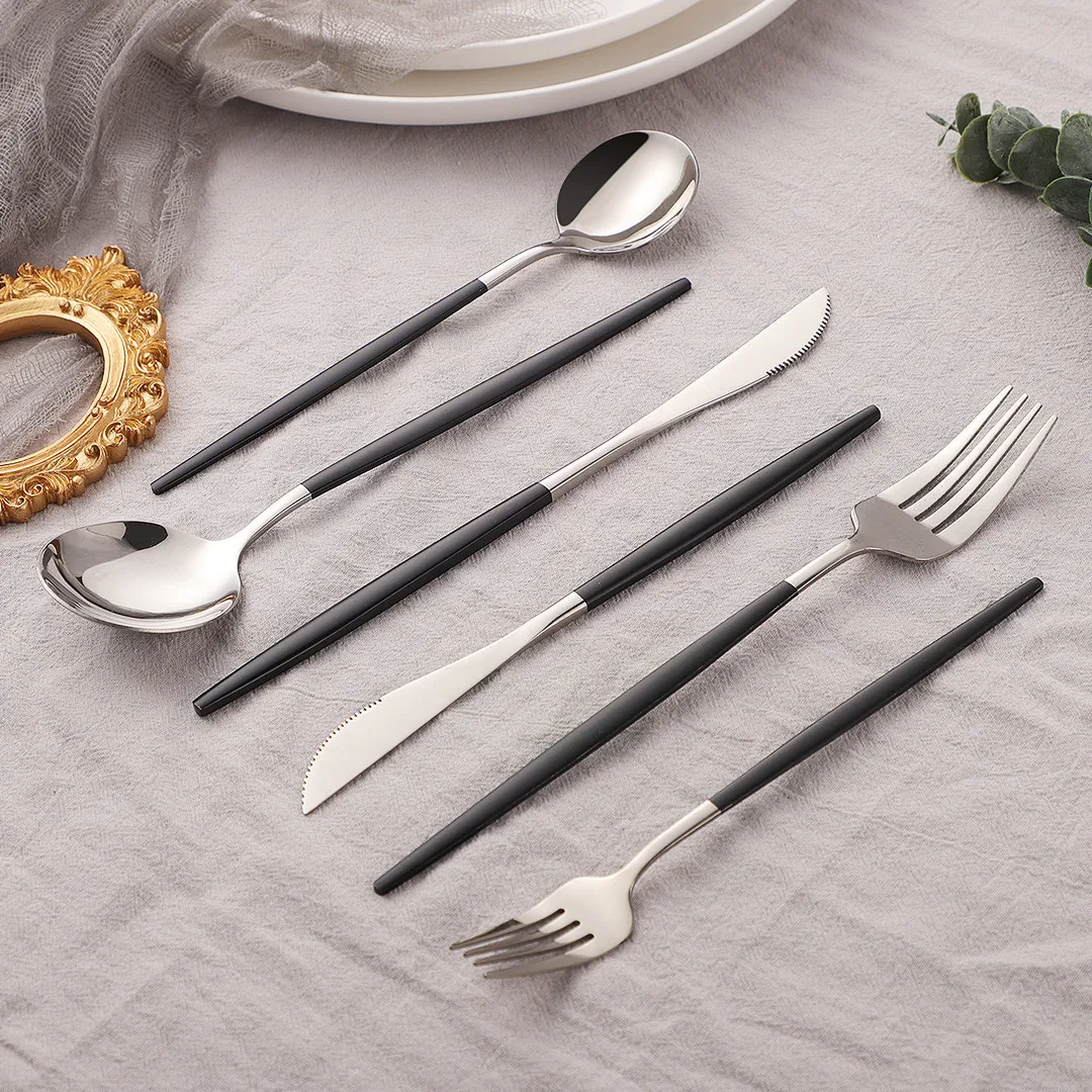 Kitchen Stainless Steel Cutlery Set 48Pcs Mirror Black Silver Dinnerware Knifes Forks Tea Spoon Western Silverware Tableware Set