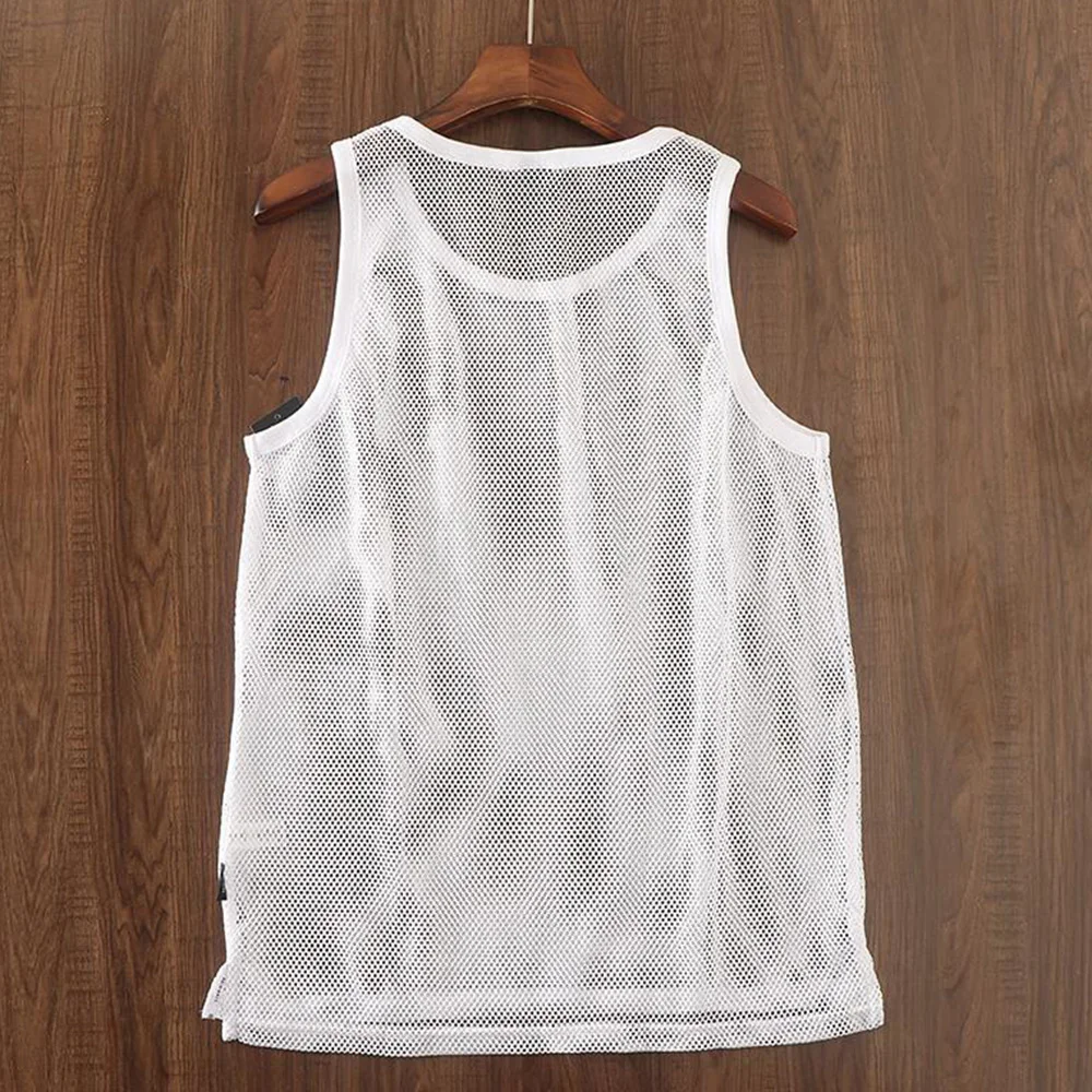 Mens T-Shirt Hollow Semi Transparent Sexy Sleeveless T-Shirt Summer Sports Gym Breathable Quick Drying Top Men\'s Clothing 2024