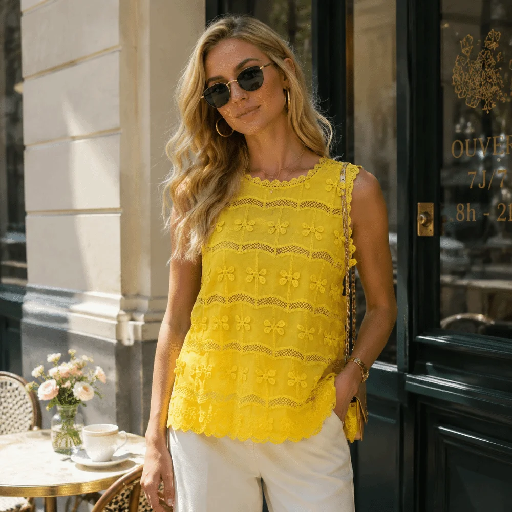 Round Neck Lace Embroidery Vest Breathable Hollow Out Lace Splicing Top Patchwork Loose Sleeveless T-shirts Girly Style