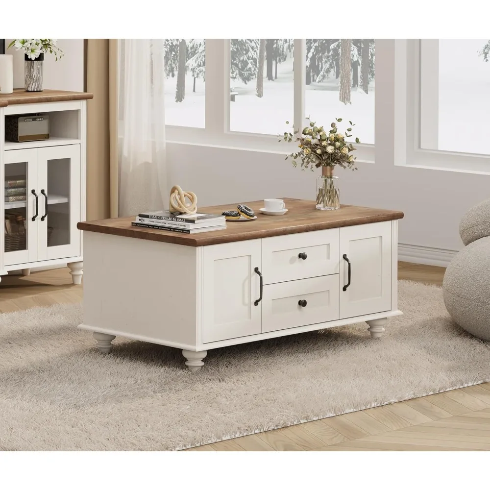 Modern Rustic Style White Coffee Table with Storage Drawers and Cabinet, Rectangular Living Room Centerpiece