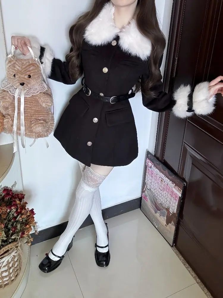 冬用厚手韓国ファッションレディースウィンドブレーカー黒毛皮襟スリムフレンチエレガントシックトレンチコート婦人服2025