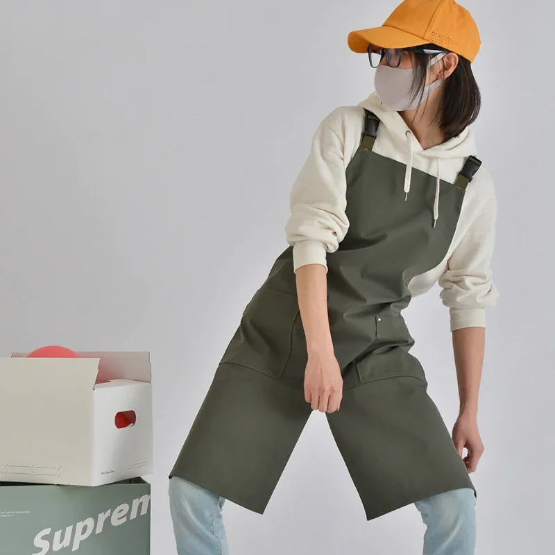 Adjustable Double Shoulder Strap Pocket Solid Color Korean Japanese Style Simple Canvas Apron Restaurant Work Apron