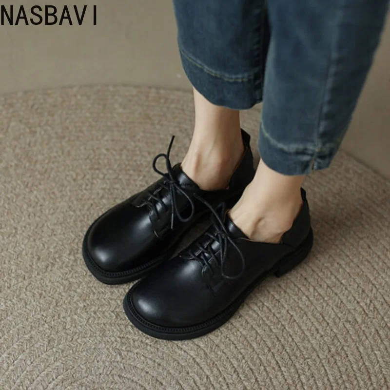 2026 Solid Color Office Shoes Lace Up Round Toe Soft Bottom Thick Heels Leisure Pumps Leather Comfortable Mid Heels Women Shoes