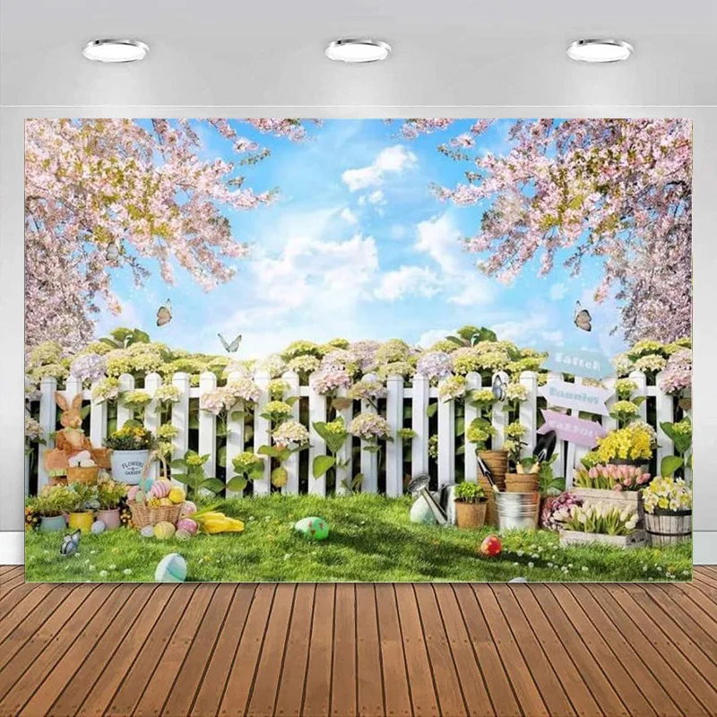 

Spring Easter Photography Backdrop Garden Fence Flower Bunny Colorful Eggs Background Green Grass Floral Kids Banner Decoration