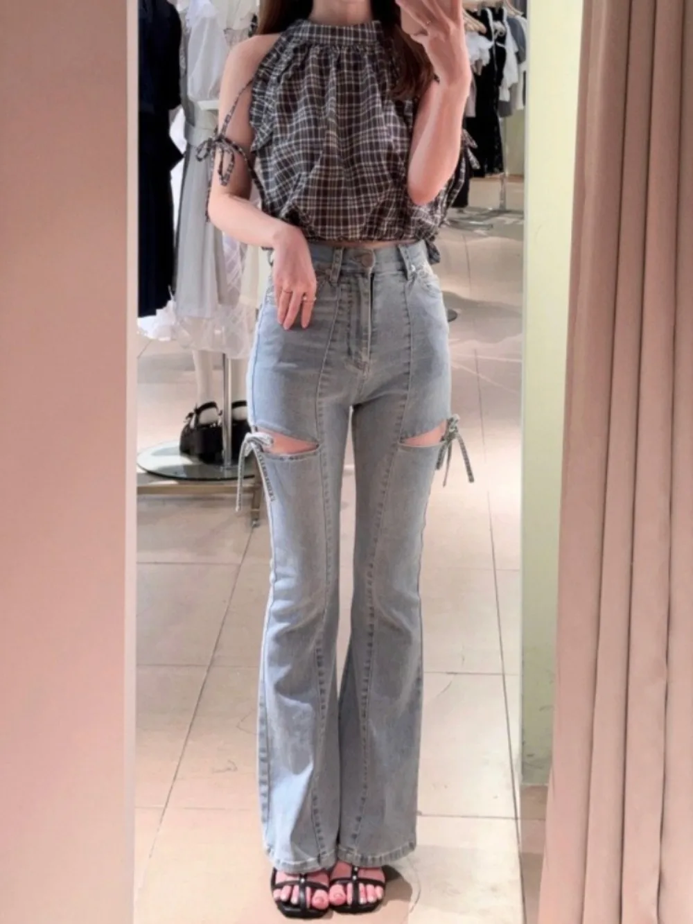 

Japan Minority Flare Spice Girls Pants High Waist Elegant Office Lady Slim Trousers Soft Casual Ruched Hollow Out Jeans