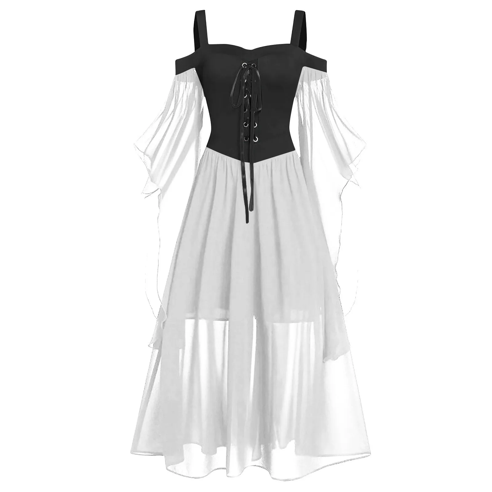 Retro Medieval Witch Long Dress Halloween Costumes Carnival Mesh Draw Strap Big Swing Dress Solid Color Long Dress Retro Palace