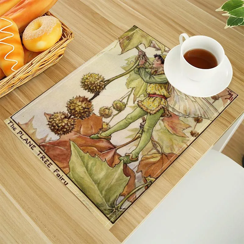 The Fairies Of The Winter Print Linen Dining Table Mats Alphabet Kitchen Placemat 30X40cm Coasters Pads Bowl Cup Mat