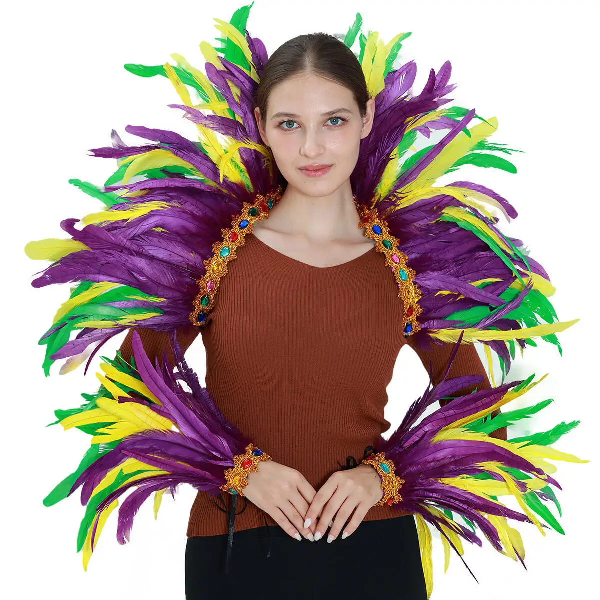 Women Feather Shawl And Wrist Cuffs Set For Halloween Mardi Gras Witch Costume Gothic Party Cosplay Clothing Accessories