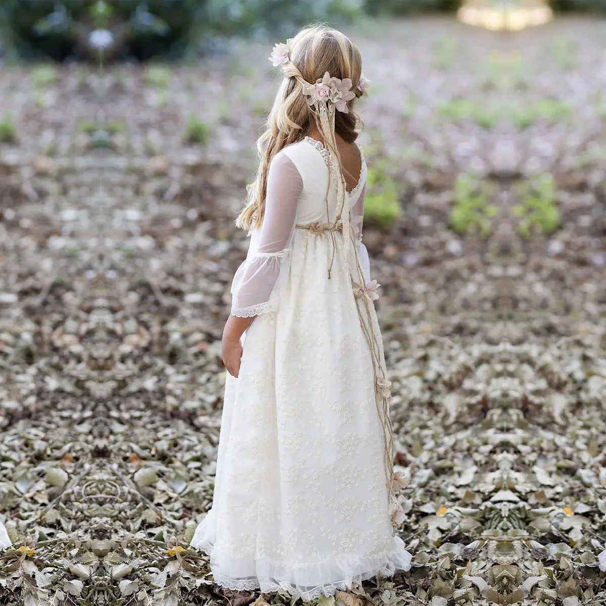 BABYONLINE Communion Dress Made of Smooth Tulles Gown with Flowers Belt and Embroidered Floral Tulle Skirt Boho Princess Vinatge