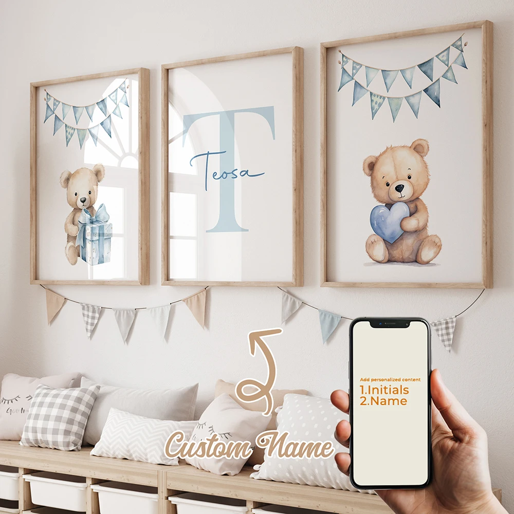 3 piezas de arte mural personalizado con nombre, diseño de oso de dibujos animados, impresión en lienzo, póster, pintura para la habitación infantil, decoración del hogar.