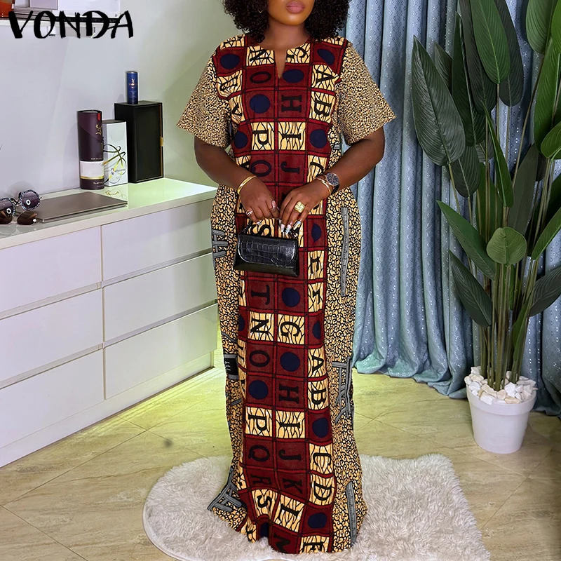 

VONDA Women Vintage Long Maxi Dress Print Summer Party Sundress Bohemian Short Sleeve V Neck Vestidos Casual Oversize Loose Robe