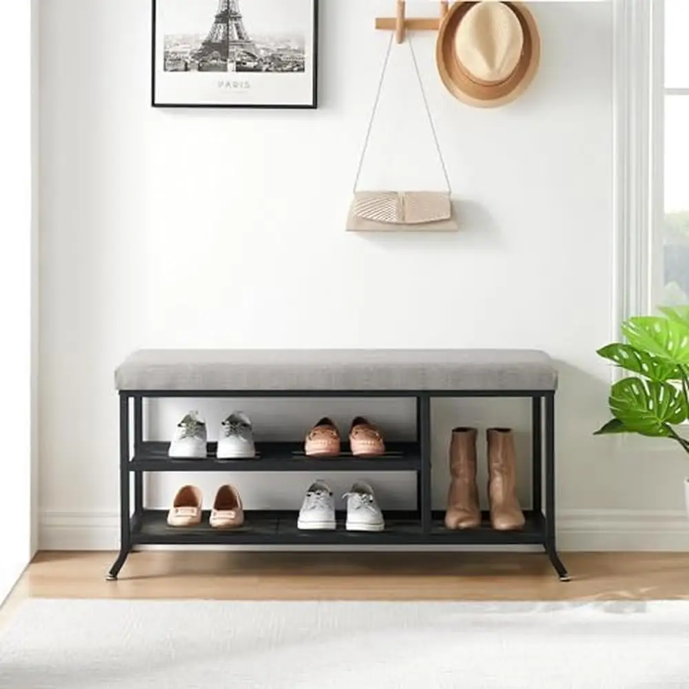 

2-Tier Entryway Shoe Bench Storage Organizer Cushion Metal Frame Adjustable Shelf Hallway Storage Shoe Collection Shoe Storage