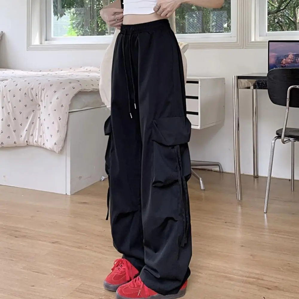 الرباط واسعة الساق Sweatpants متعددة جيوب المتضخم السراويل البضائع الفضفاضة Y2K عالية الخصر النساء ركض بنطلون رياضي