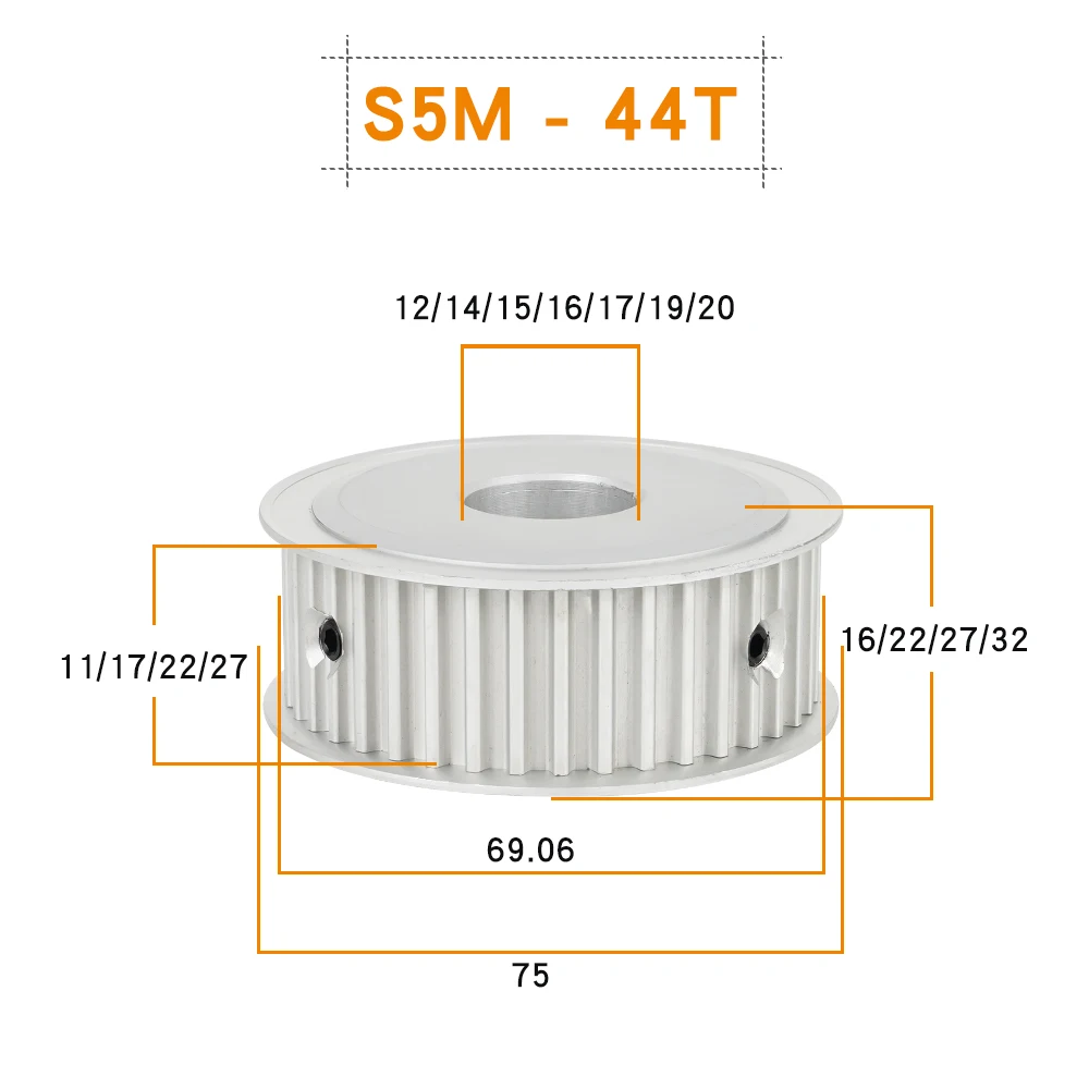 S5M44T Timing Pulley Circular Tooth 11/17/22/27mm Width Alloy Pulley 44 Teeth Bore 12/14/15/16/17/19/20mm S5M Synchronous Belt