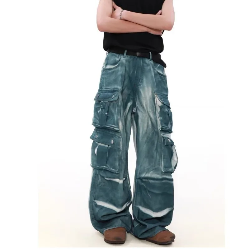 American Retro Washed Tie Dye Gradient Color Multi Pocket Cargo Denim Pants Korean High Street Hip-hop Style Baggy Jeans Men