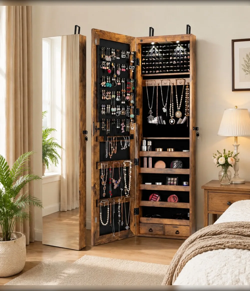 Giantex Wall Door Mounted Jewelry Armoire Cabinet with Full Length Mirror, 2 LEDs, Lockable, 2 Drawers, Rustic Brown