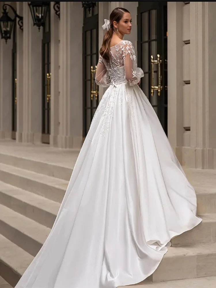 Classic Wedding Dresses Women O-Neck Full Sleeves Bride Dress Satin With Applique Sweep Train A-Line Custom Occasion Gowns