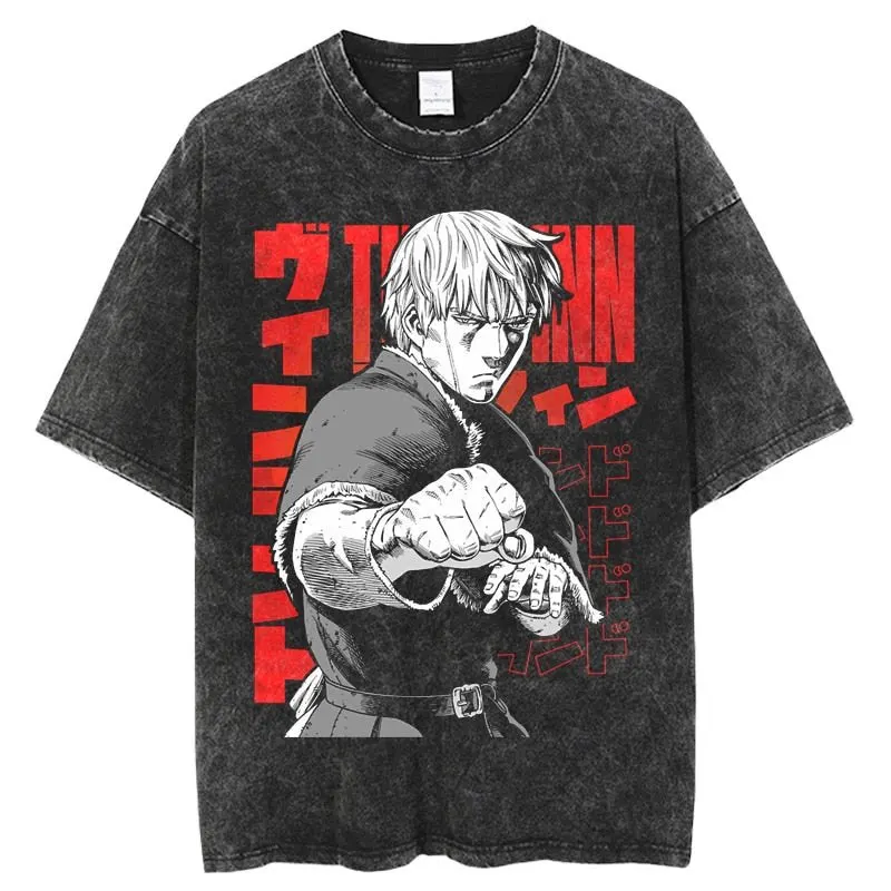 Herren Vinland Saga "I Have No Enemies" Grafik-T-Shirt Thorfinn Anime-Print Vintage Washed Oversized Casual Streetwear T-Shirt – Detail 6