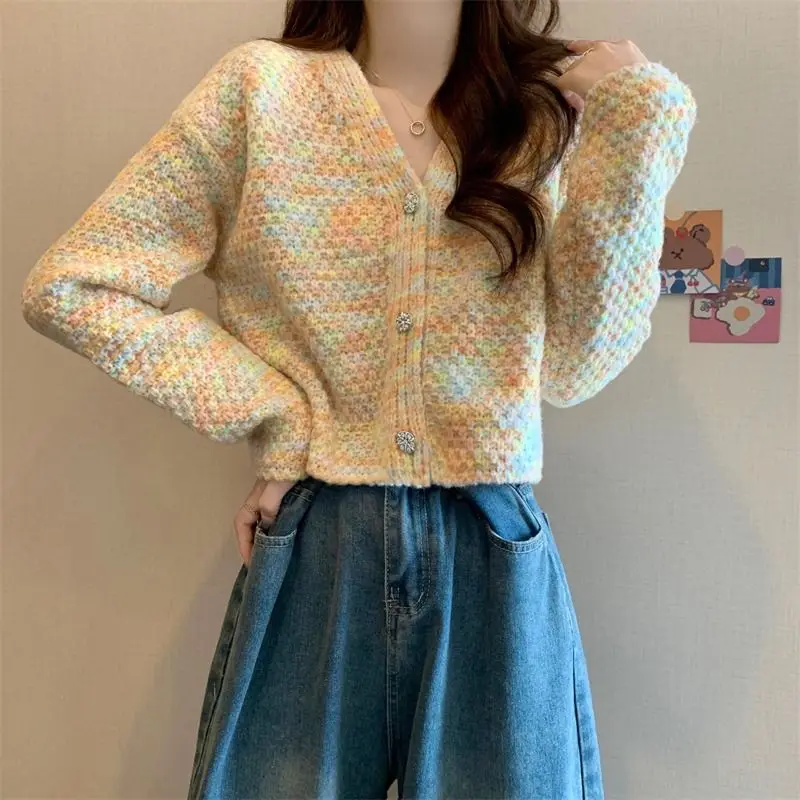 Autumn Woman Clothes Sweater V-neck Colorful Bright Lively Niche Tie Dye Elegant Unique Niche Sweet Leisure Casual Korean Trend