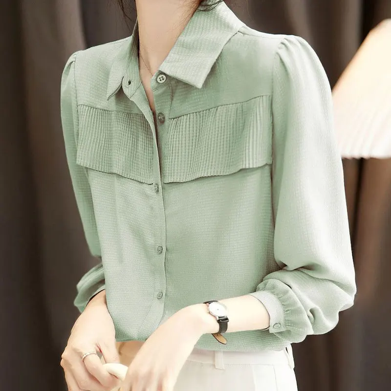 Spring Autumn Patchwork Shirt Commute Casual Gingham Solid Color Female Clothing Single-breasted Korean Polo-Neck Loose Blouse