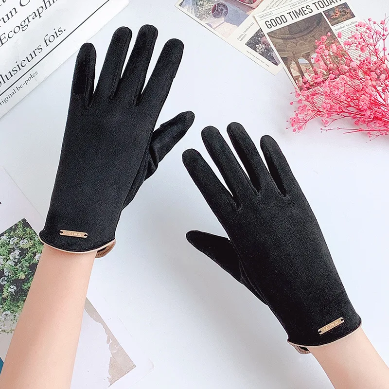 

Women Winter Suede Leather Plus Velvet Plush Warm Glove Outdoor Sport Cycling Letter Metal Sign Touch Screen Driving Mitten P41