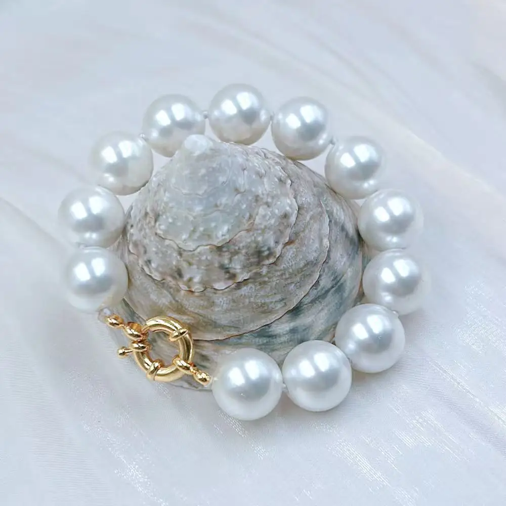 14mm Exaggerated Large Round White Natural Shell Pearl Beads Women Jewelry Elastic Bracelet 7-9inch