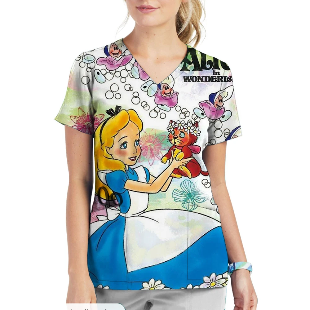 Apotheker Tandarts Veterinaire Verpleegster Disney Prinses print Tops Mode Slanke Schoonheid Scrub Kleding Spa Verpleegkundige Pure Medische Lab Medi