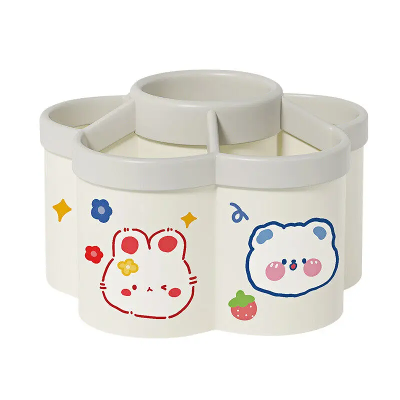6 Compartment Cartoon Rotating Pen Organizer Desktop High Capacity Storage Pen Holder For School Office Storage Box