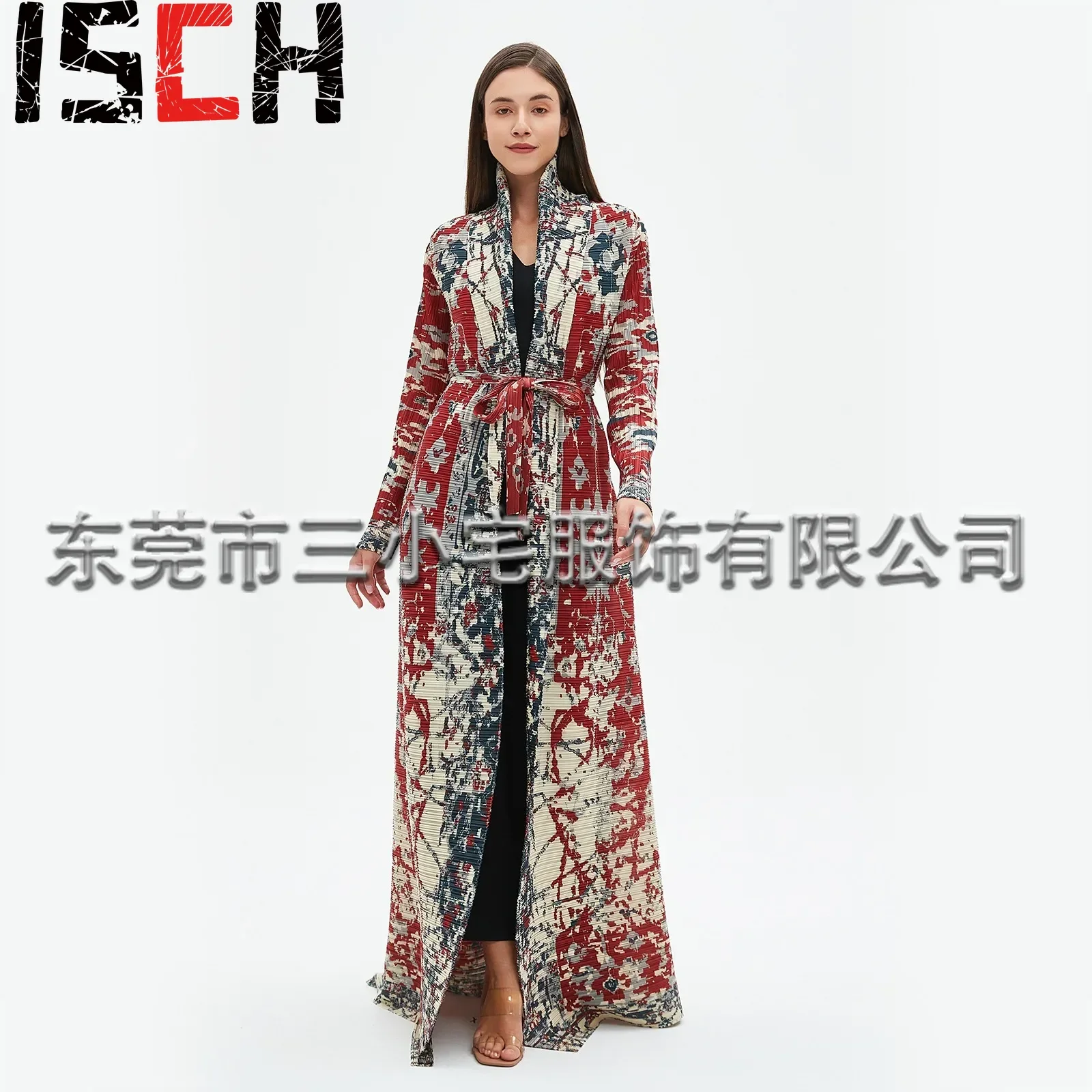 Pleats Pleated Jacket Famous Style Printed Gown Large Size Loose Thin Lapel Tie Long Sleeve Printed Long Skirt Women Clothing