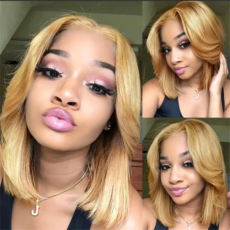 

Honey Blonde Short Bob Lace Front Bob Wigs 13X4 Straight Remy Human Hair Wigs Pre Plucked Braizilian Hair Colored Wig for Women