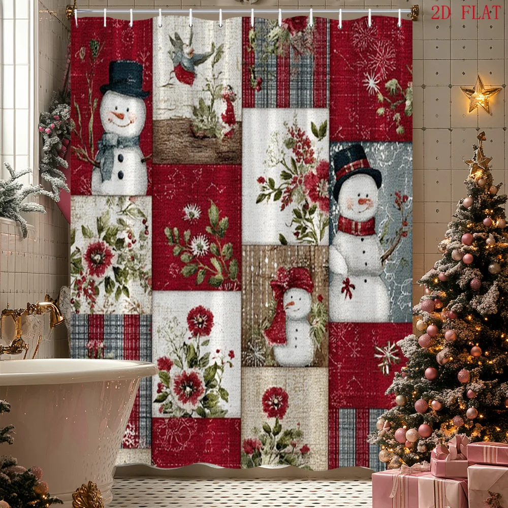 1pc of Vintage Snowman and Floral Patchwork Design Shower Curtain, Specifically for Christmas, Made of, Suitable for Bathroom Decoration. Dimensions Are 70.8inch X 70.8inch and Comes with Hooks