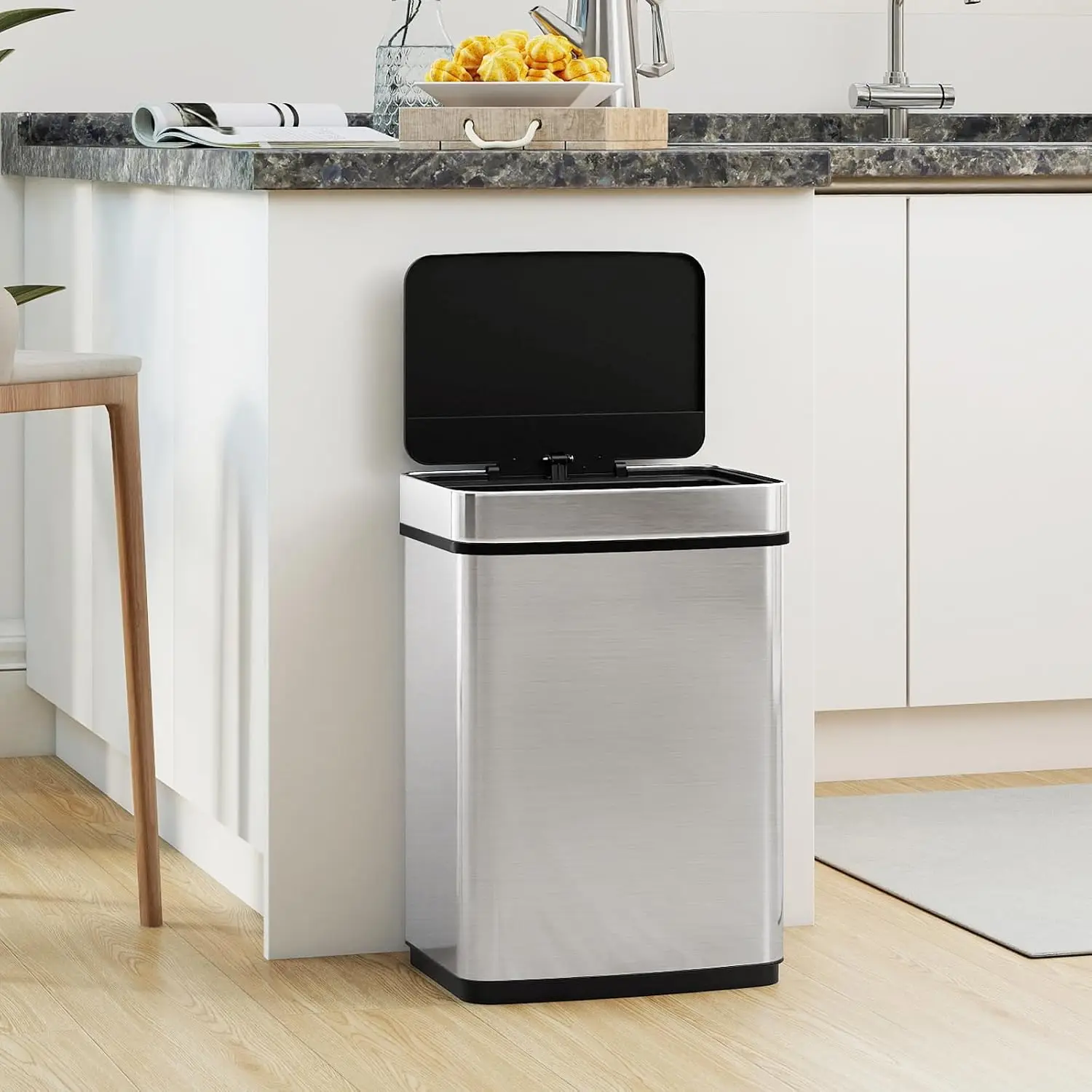 16 Gallon Motion Sensor Trash Can, Automatic Touchless Garbage Can with Dual Compartments, Stainless Steel Waste Bin for Kitchen