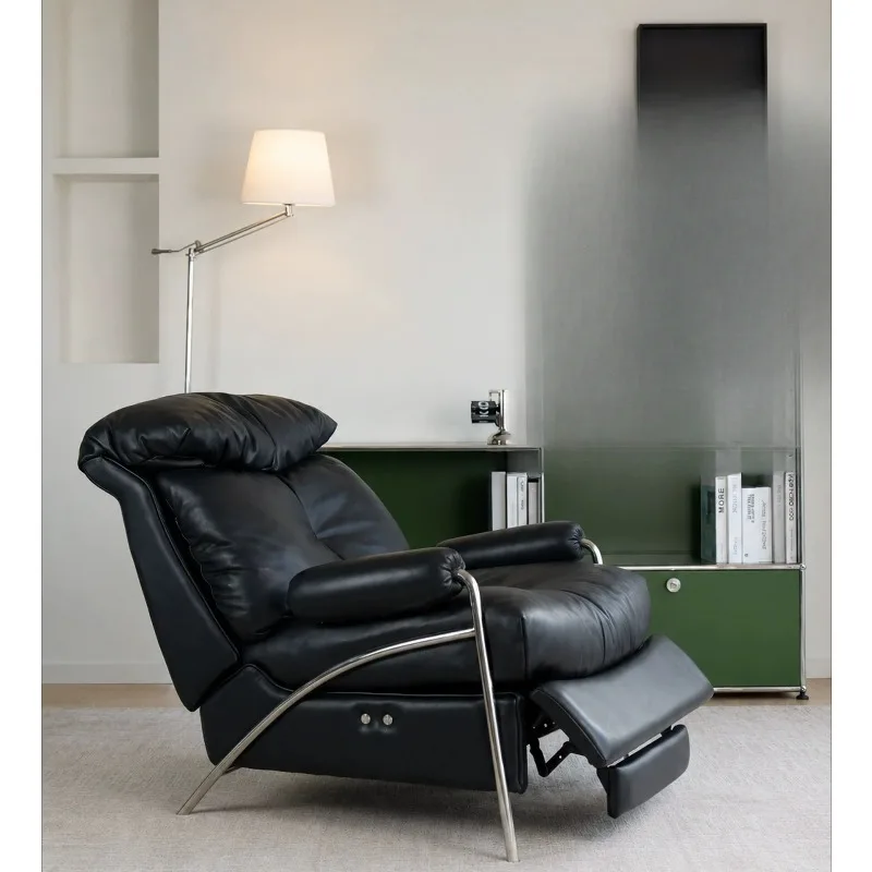 Leather single sofa, electric function Zero gravity Italian minimalist Bauhaus black semi-green leather sofa