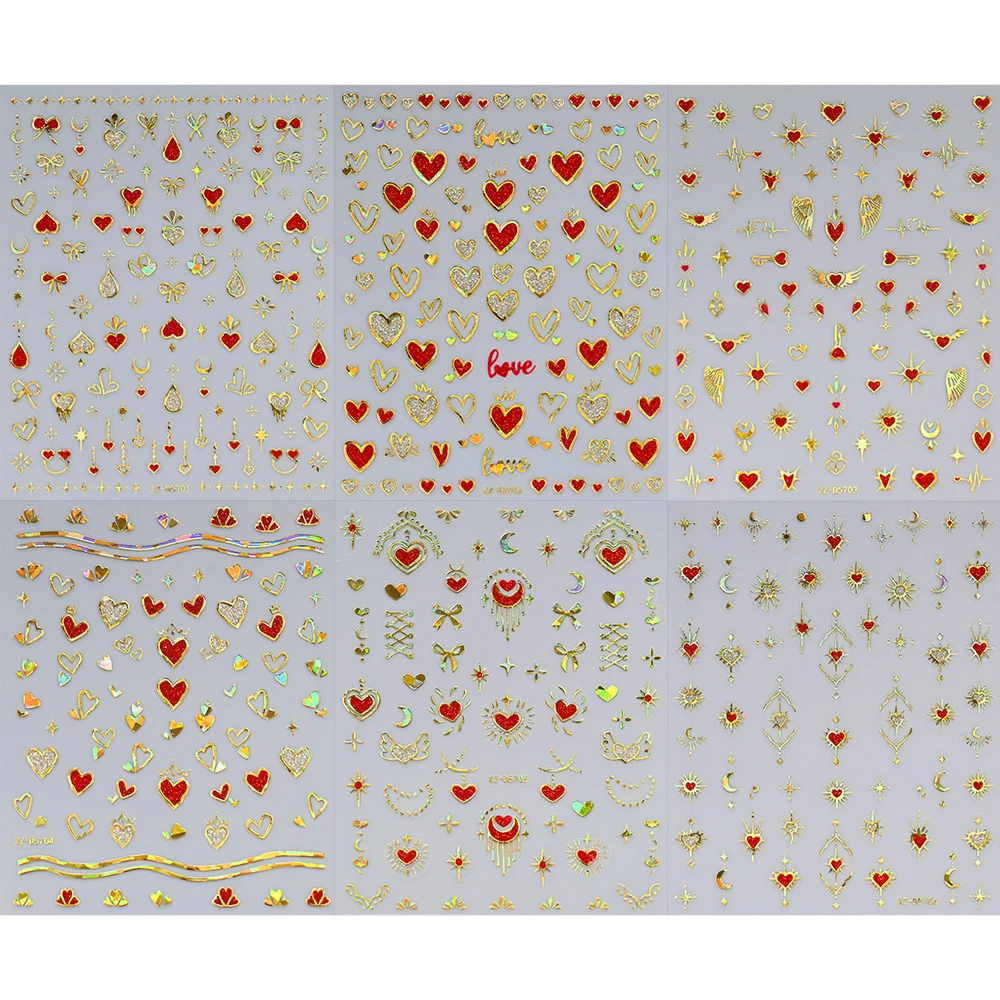 6 szt. Naklejki na paznokcie 3D z efektem brązowania, laserowe złote serduszka, Y2K Starlight/Miesiąc/Wstążka, brokatowe naklejki na paznokcie, kawaii czerwone serduszka, slider na paznokcie